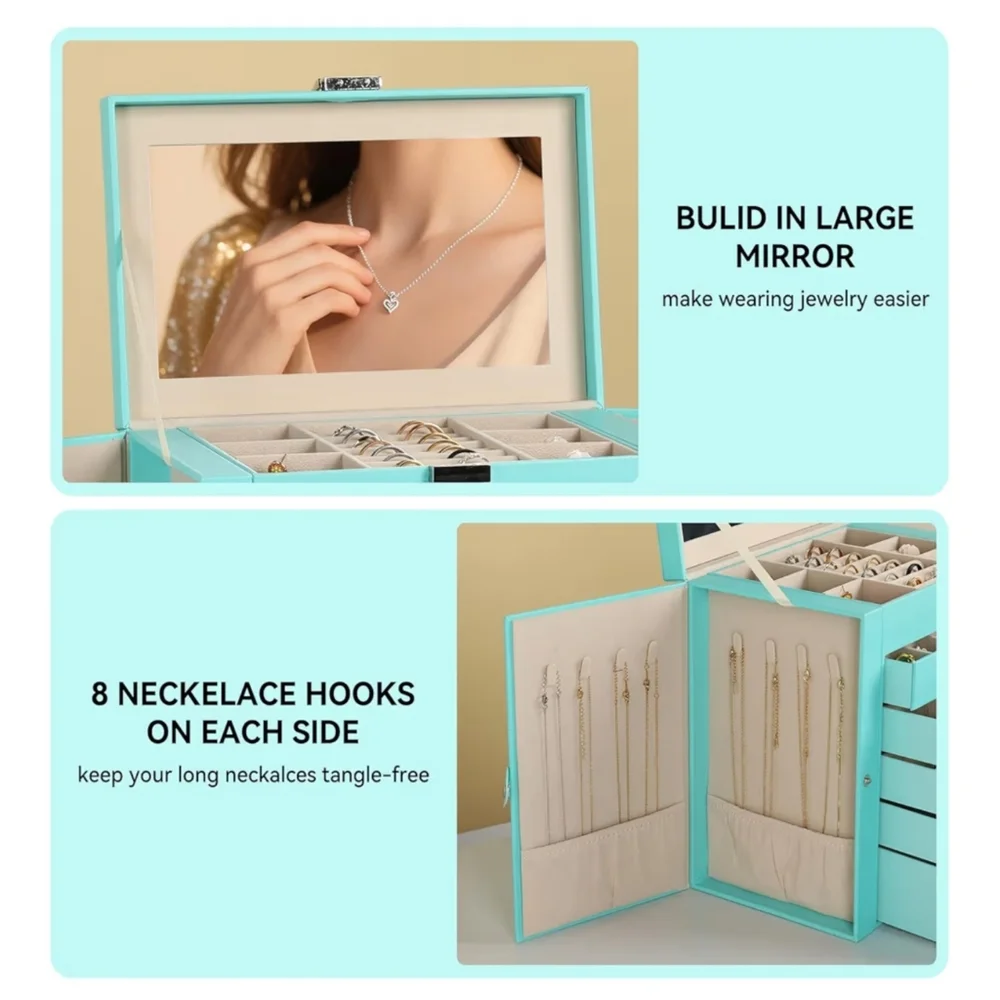 Large Jewelry Box 6-Tier PU Leather 5 Drawer Organizer Multifunctional Turquoise